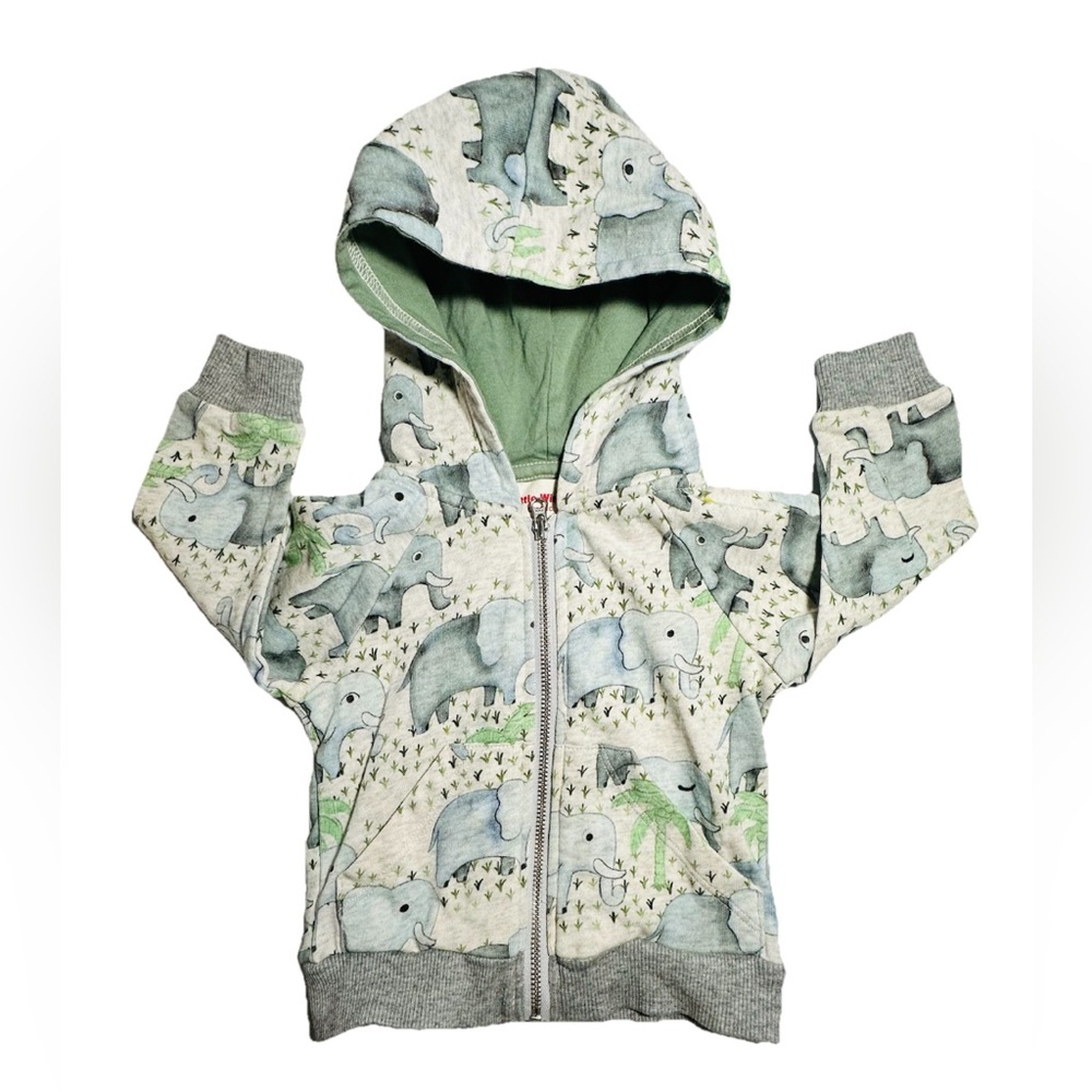 Little Wings Organic Sweater Baby 6M Elephants Sage Blue Gray‎ Zip Up Hoodie